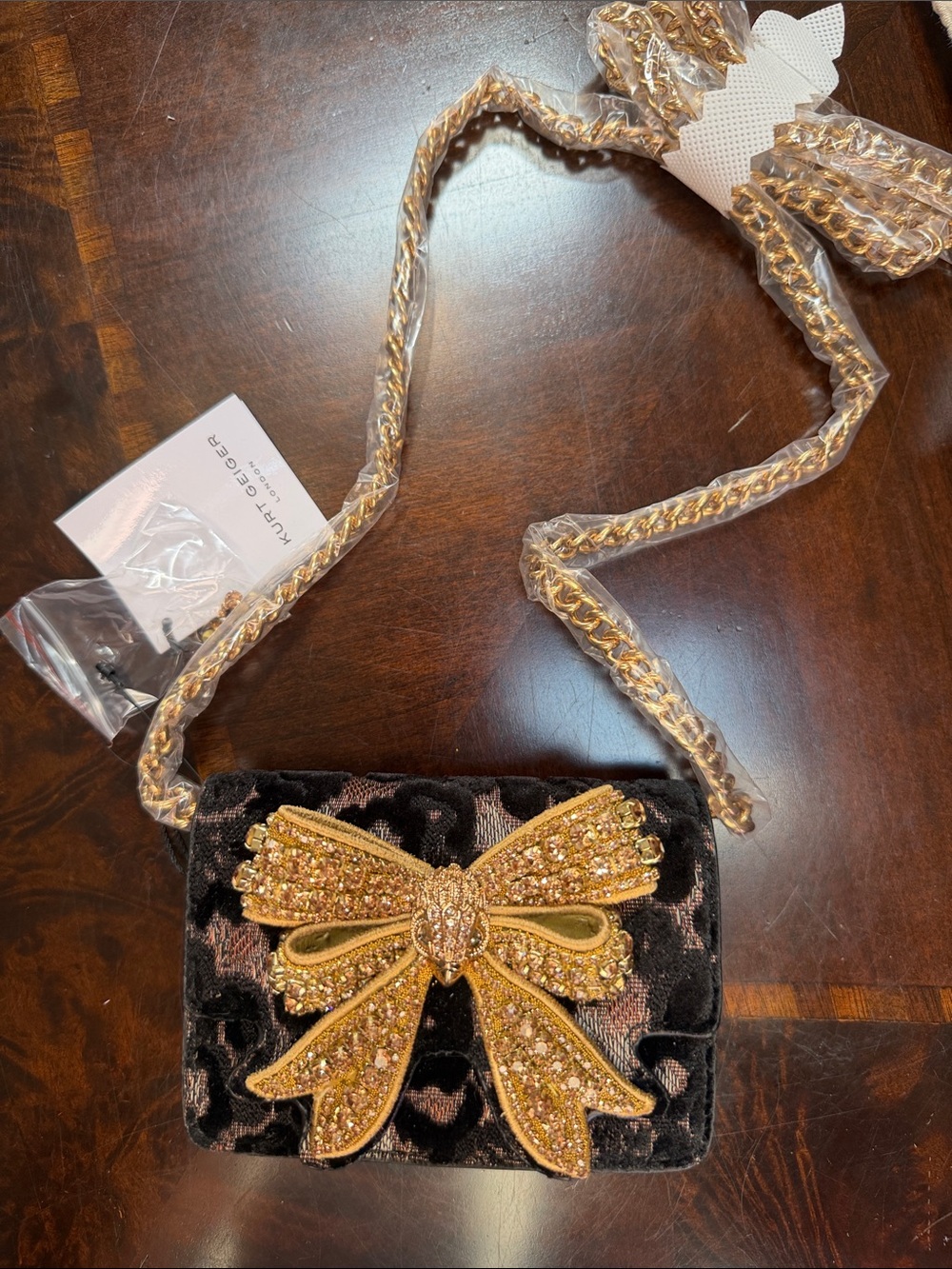 Kurt Geiger Black Velvet Crossbody with Gold Crystal Bow